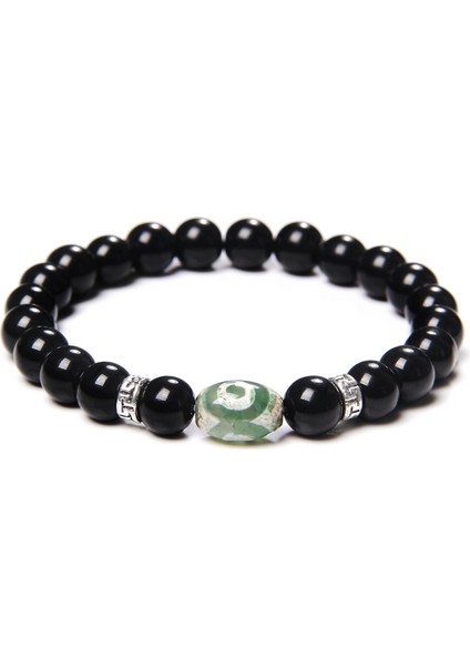 17CM Tarzı No.4 Boyutu Tibet Doğal Taş Bilezik El Yapımı Esnek Buda Dokuz Göz Dzi Agat Taş Bileklik Erkek Siyah Cilalı Oniks Taş Boncuk Bilezik (Yurt Dışından)