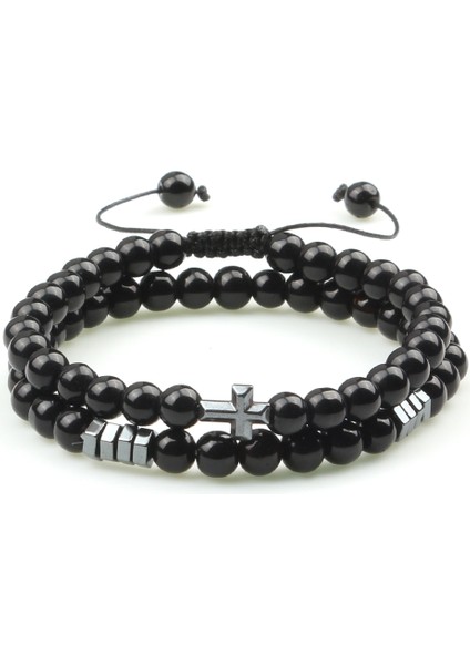 Siyah Oniks Obsidyen Taş Bileklik Erkek Siyah Lava Hematit Haç Boncuklar Bilezik Kadınlar Şans Doğal Taş Dua Takı Pulseras (Yurt Dışından)