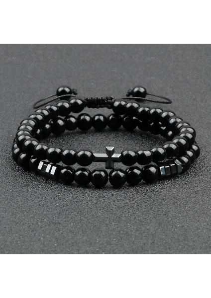 Siyah Oniks Obsidyen Taş Bileklik Erkek Siyah Lava Hematit Haç Boncuklar Bilezik Kadınlar Şans Doğal Taş Dua Takı Pulseras (Yurt Dışından)
