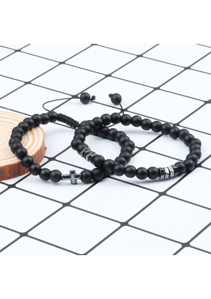 Siyah Oniks Obsidyen Taş Bileklik Erkek Siyah Lava Hematit Haç Boncuklar Bilezik Kadınlar Şans Doğal Taş Dua Takı Pulseras (Yurt Dışından)
