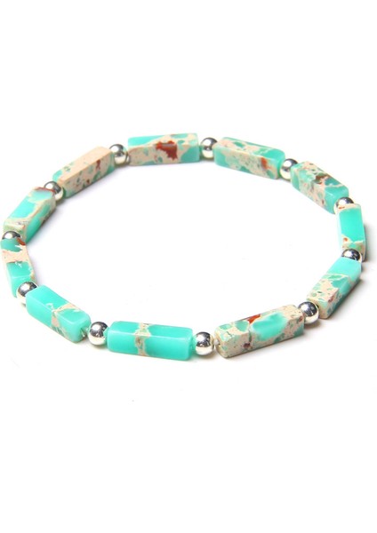 17CM Tarzı Şoşan Taşı Erkekler Için Lapis Lazuli Bileklik Doğal Cilalı Dikdörtgen Taş Bileklik Gümüş Renk Yuvarlak Boncuk Şans Bileziği Kadın Takı (Yurt Dışından)