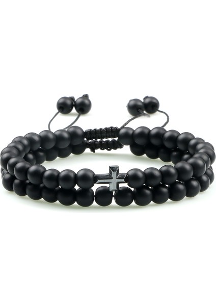 Siyah Mat Çiftler Mesafe Boncuk Bilezik Moda Hematit Haç Kaplan Gözü Taşı Bilezik El Yapımı Yoga Dua Takı Homme Bileklik (Yurt Dışından)