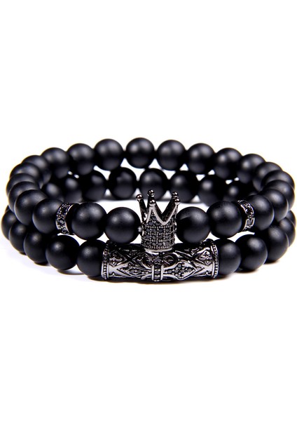 L 200-210MM Stili No.2 Boyutu Cz Taç Bilezik Seti Siyah Mat Taş Boncuklar Bracciali Femme Arkadaş Bilezikler Kadınlar Için Erkekler Takı Mens Bracciali Uomo (Yurt Dışından) fiyatları