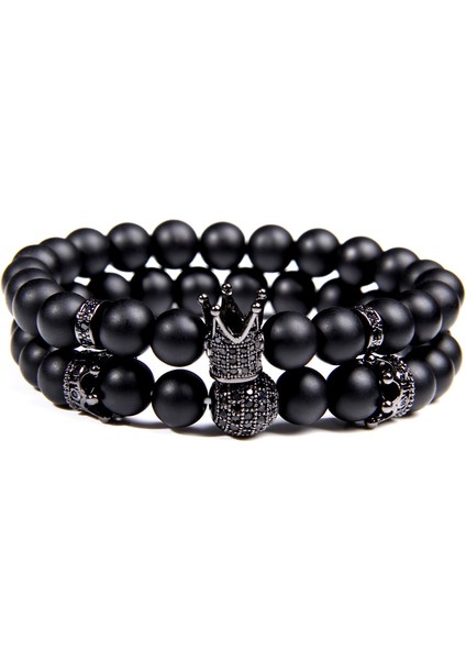 L 200-210MM Stili No.2 Boyutu Cz Taç Bilezik Seti Siyah Mat Taş Boncuklar Bracciali Femme Arkadaş Bilezikler Kadınlar Için Erkekler Takı Mens Bracciali Uomo (Yurt Dışından) modelleri