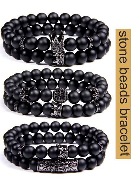 L 200-210MM Stili No.2 Boyutu Cz Taç Bilezik Seti Siyah Mat Taş Boncuklar Bracciali Femme Arkadaş Bilezikler Kadınlar Için Erkekler Takı Mens Bracciali Uomo (Yurt Dışından) fırsatları