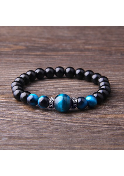 21CM Tarzı Siyah Doğal Taş Bileklik Erkek Kraliyet Mavi Kaplan Gözü Bileklik Sağlıklı Enerji Bileziği Moda Cz Şanslı Siyah Oniks Boncuk Pulsera (Yurt Dışından)