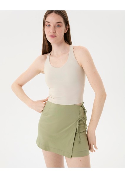Kadın Açık Yeşil Anvelop Şort Etek - Organik Pamuk, Önden Fermuarlı, Yandan Bağlamalı, İç Şortlu Mini Etek fırsatları