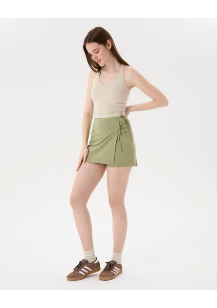 Kadın Açık Yeşil Anvelop Şort Etek - Organik Pamuk, Önden Fermuarlı, Yandan Bağlamalı, İç Şortlu Mini Etek indirimleri