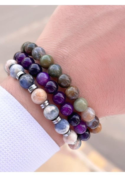 Nursaat 3 Lü Özel Tasarım Unisex Doğal Taş Bileklik Çakra, Turkuaz, Yeşim, Akik ve Sitrin Taşları 05