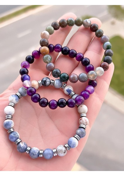 Nursaat 3 Lü Özel Tasarım Unisex Doğal Taş Bileklik Çakra, Turkuaz, Yeşim, Akik ve Sitrin Taşları 05 modelleri