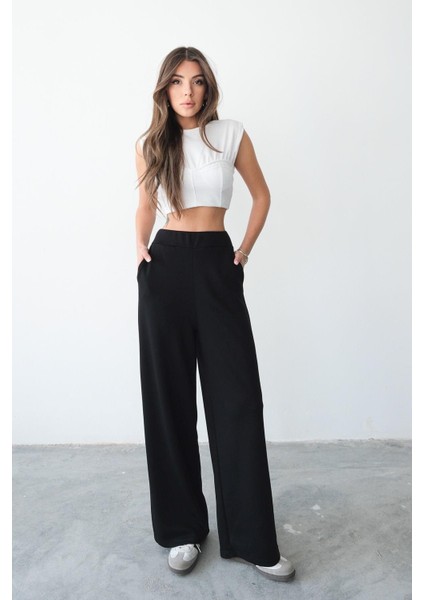 Kadın Beli Lastikli Rahat Kalıp Cepli Siyah Bol Paça Kadın Eşofman Altı