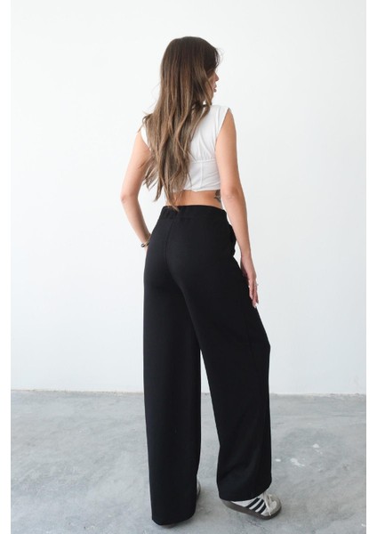 Kadın Beli Lastikli Rahat Kalıp Cepli Siyah Bol Paça Kadın Eşofman Altı fiyatları