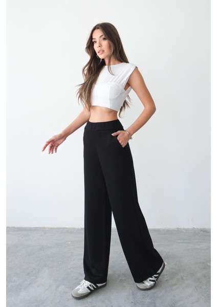 Kadın Beli Lastikli Rahat Kalıp Cepli Siyah Bol Paça Kadın Eşofman Altı fırsatları