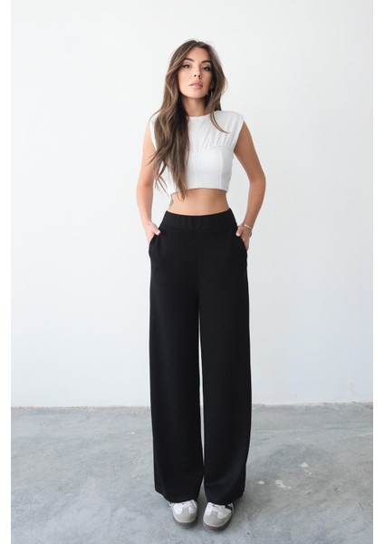 Kadın Beli Lastikli Rahat Kalıp Cepli Siyah Bol Paça Kadın Eşofman Altı indirimleri