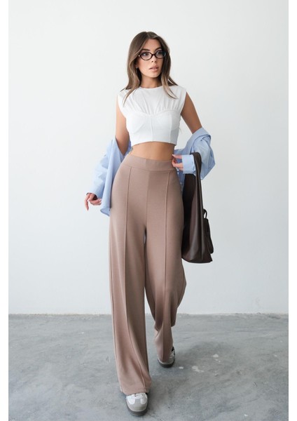 Yüksel Bel Rahat Kesim Nervürlü Çımalı Modal Camel Bol Paça Kadın Eşofman Altı fırsatları