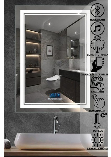 60x80 Dokunmatik Akıllı Ayna Bluetoothlu Buhar Tutmayan 3 Renk Ledli Banyo Aynası Lavabo Aynası