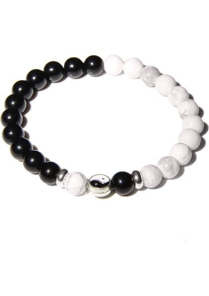 19CM Tarzı No.10 Boyutu Erkekler ve Şanslı Çiftler Için Yin Yang Bilezik Doğal Howlite Bilezik Kadınlar Siyah Oniks Taş Boncuklu Mücevherat Bileklik (Yurt Dışından)