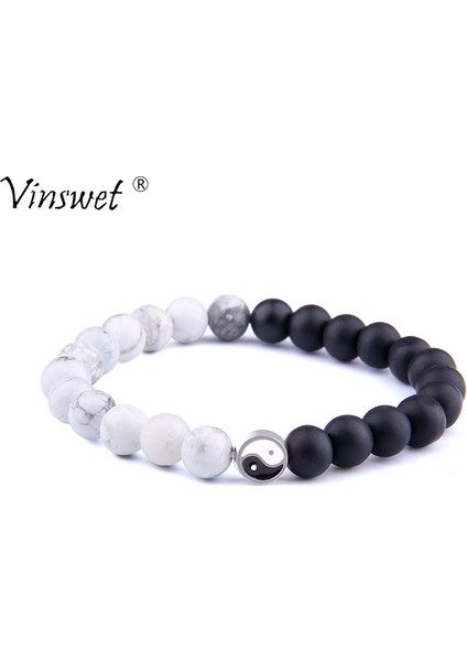 19CM Tarzı No.10 Boyutu Erkekler ve Şanslı Çiftler Için Yin Yang Bilezik Doğal Howlite Bilezik Kadınlar Siyah Oniks Taş Boncuklu Mücevherat Bileklik (Yurt Dışından)
