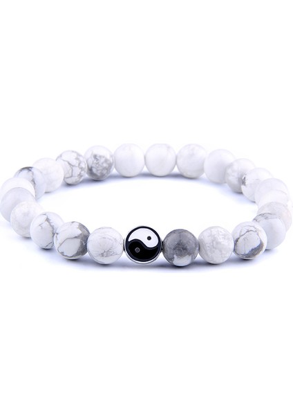 19CM Tarzı No.10 Boyutu Erkekler ve Şanslı Çiftler Için Yin Yang Bilezik Doğal Howlite Bilezik Kadınlar Siyah Oniks Taş Boncuklu Mücevherat Bileklik (Yurt Dışından)