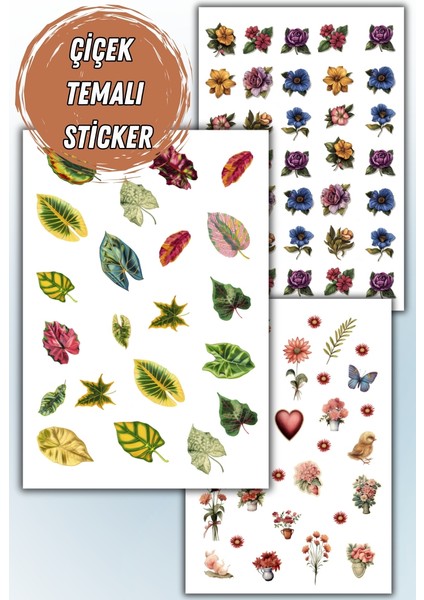 Çiçek-Yaprak Temalı 3 'lü Set Sticker Planner Ajanda Bullet Journal Için Uygun Set