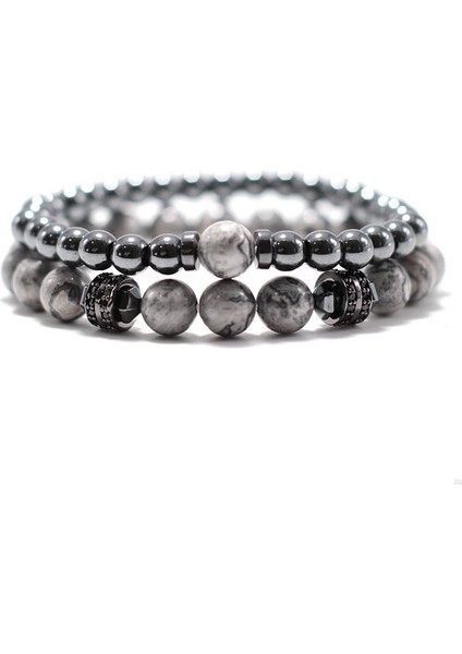 Harita Seti 2'li Erkekler Için El Yapımı Hematit Bileklik Seti Lüks Kristal Kaplamalı Siyah Boncuklu Obsidyen Bileklik Bileklik Homme Hediye (Yurt Dışından)