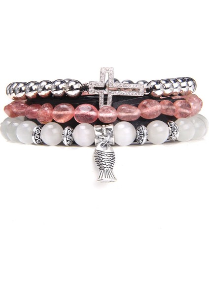 19CM Tarzı Çilek Bileklik Seti Doğal Şifa Enerjili Labradorit Taşlı Erkek Bileklik Siyah Lav Taşı Bilezik Gümüş Renkli Haç Kolye Pulsera Fem (Yurt Dışından)