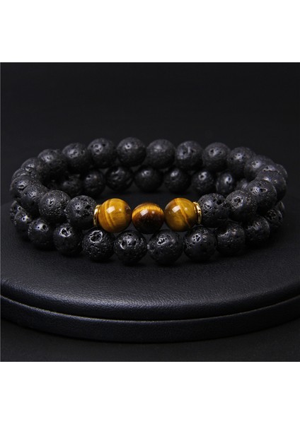 21CM Tarzı No.4 Boyutu 2 Adet Moda Doğal Taş Lav Volkanik Boncuk Bilezik Kaplan Gözü Buddha Şans Bileziği Takı Kadın Erkek Çift Bilezik (Yurt Dışından)