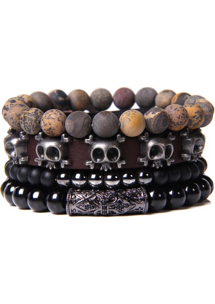 19CM Tarzı Kafatası Bileklik Seti Doğal Şifa Enerjili Labradorit Taşlı Erkek Bileklik Siyah Lav Taşı Bilezik Gümüş Renkli Haç Kolye Pulsera Fem (Yurt Dışından)