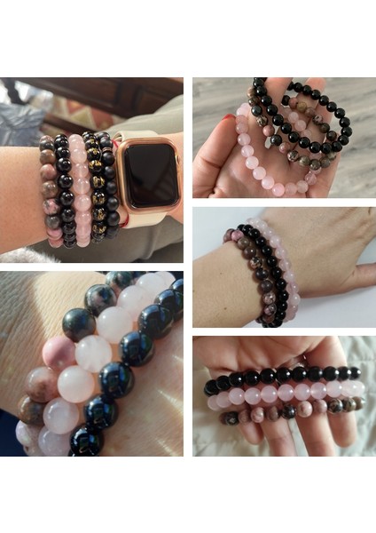 21CM Tarzı No.4'ü Ayarla Kadın Erkek Bilezikleri Doğal Taş Boncuk Bilezik Siyah Oniks Rodonit Pembe Kuvars Boncuklu Bilek Takımı Erkek Bilezik Takı (Yurt Dışından) modelleri