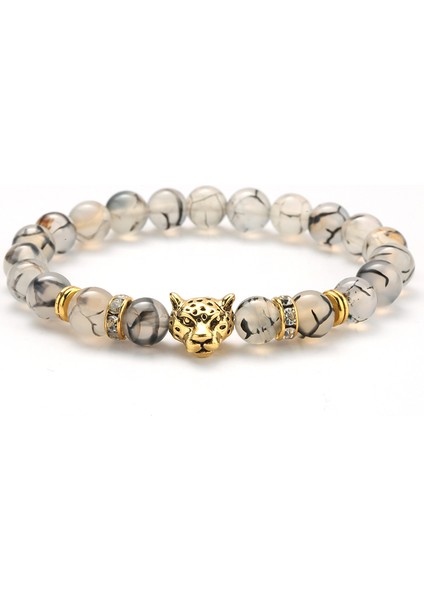 D Doğal Taş Leopar Kafa Boncuklu Bilezik Erkekler Için Moda 8mm Doğal Taş Kaplan Gözü Oniks Lav Taşları Bilezik (Yurt Dışından)