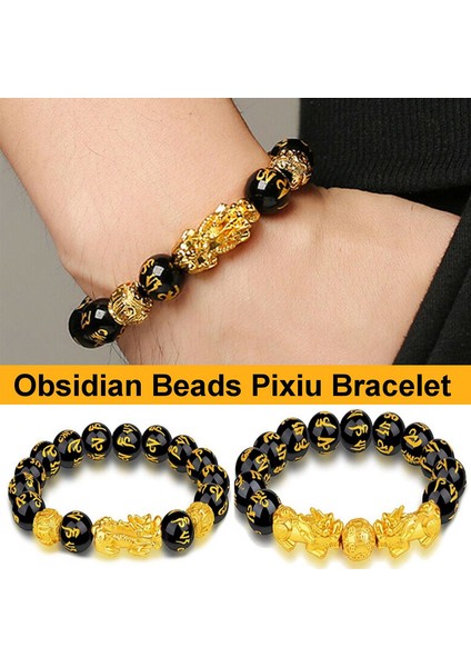 No.12 Boyutu 24 Stil Feng Shui Pi Xiu Obsidyen Bileklik Altın Zenginlik ve Iyi Şans Bilezik Taş Boncuk Bilezik Erkek Kadın Unisex (Yurt Dışından)