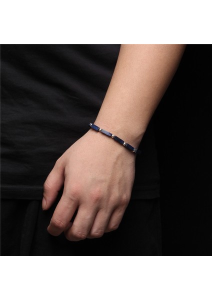21 cm Stili Siyah Tabanca Kaplama Erkekler Için Lapis Lazuli Bileklik Doğal Cilalı Dikdörtgen Taş Bileklik Gümüş Renk Yuvarlak Boncuk Şans Bileziği Kadın Takı (Yurt Dışından) indirimleri