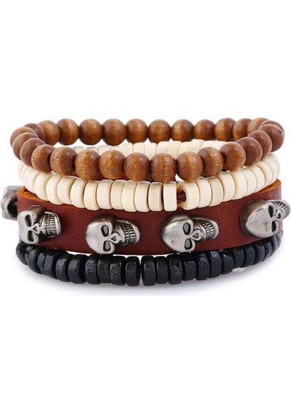 H2450 4 Parça Vintage Erkek Deri Bilezik Ahşap Taş Boncuklu Şanslı Çok Katmanlı Örme Erkek Bileklik Pulseira Masculina Takı (Yurt Dışından)
