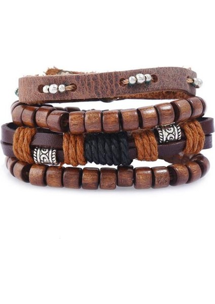 H2450 4 Parça Vintage Erkek Deri Bilezik Ahşap Taş Boncuklu Şanslı Çok Katmanlı Örme Erkek Bileklik Pulseira Masculina Takı (Yurt Dışından) fiyatları