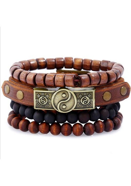 H2450 4 Parça Vintage Erkek Deri Bilezik Ahşap Taş Boncuklu Şanslı Çok Katmanlı Örme Erkek Bileklik Pulseira Masculina Takı (Yurt Dışından) modelleri
