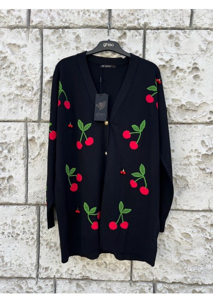 Kiraz Desenli Broşlu Hırka 3091 Sıyah