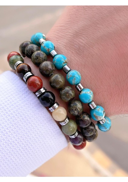 Nursaat 3 Lü Özel Tasarım Unisex Doğal Taş Bileklik Çakra, Turkuaz, Yeşim, Akik ve Sitrin Taşları 06