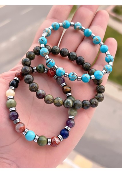 Nursaat 3 Lü Özel Tasarım Unisex Doğal Taş Bileklik Çakra, Turkuaz, Yeşim, Akik ve Sitrin Taşları 06 modelleri