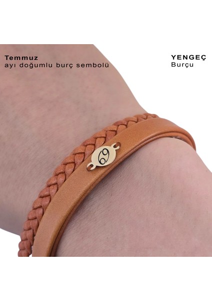 14 Ayar Altın Plakalı Kadınlara Özel Derili Yuvarlak Figürlü Doğum Ay Bilekliği-401ay-Kahverengi