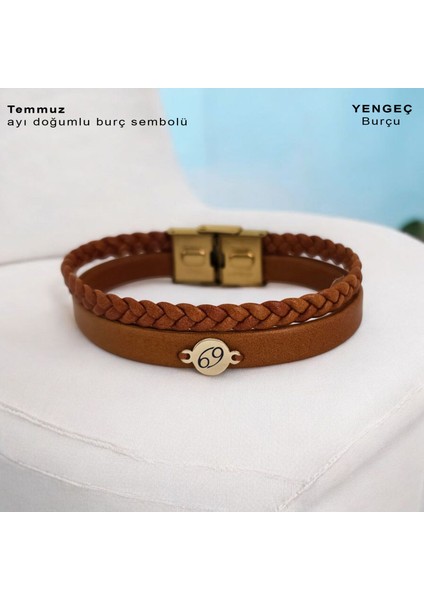 14 Ayar Altın Plakalı Kadınlara Özel Derili Yuvarlak Figürlü Doğum Ay Bilekliği-401ay-Kahverengi fiyatları