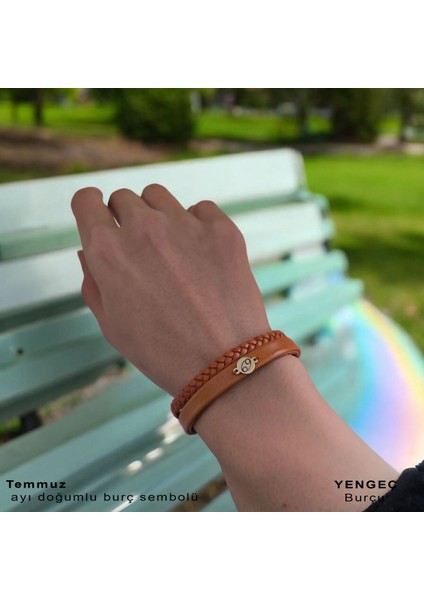 14 Ayar Altın Plakalı Kadınlara Özel Derili Yuvarlak Figürlü Doğum Ay Bilekliği-401ay-Kahverengi modelleri