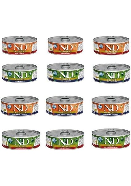 N&d 12 Adet Karışık Kedi Konserve Kuzu Etli+Tavuk+Bıldırcın+Yaban Mersini