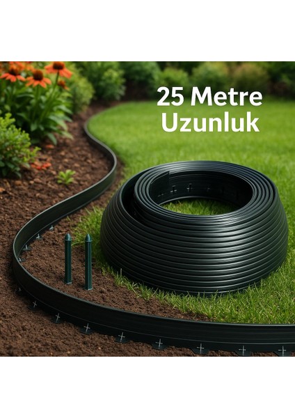 ÜRETİCİDEN Siyah Çim Ayırıcı - Peyzaj Sınırlayıcı - Toprak Taş Ayıracı -25 Metre Çim Şekillendirici 40 Adet Sabitleme Kazığı ile birlikte
