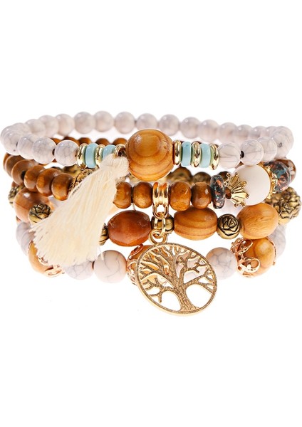 NO.98039 Beden Kadınlar Için Bohem Çekicilik Ahşap Boncuklu Bilezik Seti Etnik Altın Renkli Ağaç Püsküllü Kolye Bilezikler ve Bilezikler Vintage Takı Femme (Yurt Dışından)