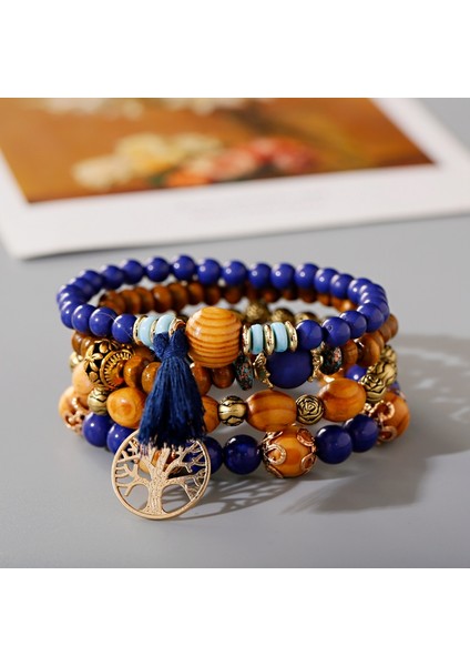 NO.98039 Beden Kadınlar Için Bohem Çekicilik Ahşap Boncuklu Bilezik Seti Etnik Altın Renkli Ağaç Püsküllü Kolye Bilezikler ve Bilezikler Vintage Takı Femme (Yurt Dışından) fiyatları