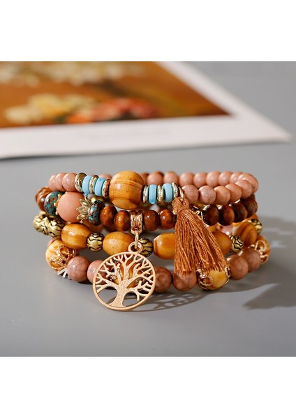 NO.98039 Beden Kadınlar Için Bohem Çekicilik Ahşap Boncuklu Bilezik Seti Etnik Altın Renkli Ağaç Püsküllü Kolye Bilezikler ve Bilezikler Vintage Takı Femme (Yurt Dışından) fırsatları