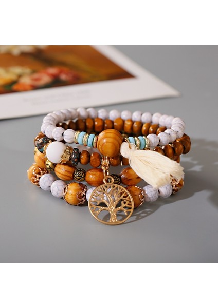 NO.98039 Beden Kadınlar Için Bohem Çekicilik Ahşap Boncuklu Bilezik Seti Etnik Altın Renkli Ağaç Püsküllü Kolye Bilezikler ve Bilezikler Vintage Takı Femme (Yurt Dışından) indirimleri