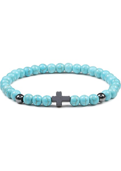 6mm Mavi Dua Erkek Kadın Bilezik Hematit Haç Tespih Doğal Taş Boncuk Isa Oniks Meditasyon Bilezikler Takı Hediye Pulsera (Yurt Dışından)