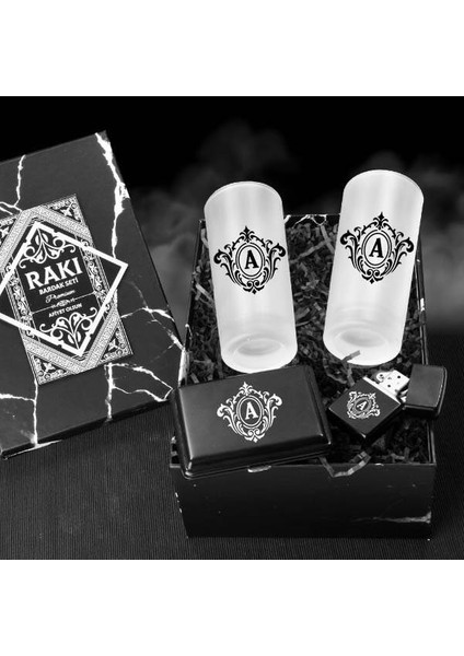 İsim Baş Harfli Zarif Rakı Bardağı ve Sigara Seti Kutusu