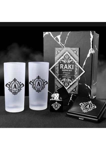 İsim Baş Harfli Zarif Rakı Bardağı ve Sigara Seti Kutusu modelleri